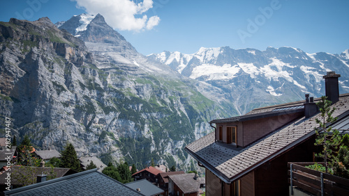 Wonderful view over the mountains Eiger Moench and Jungfrau in the Swiss Alps of Switzerland