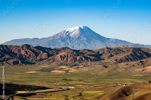 Breathtaking view of Mount Ararat, Agri Dagi, the highest mountain in the extreme east of Turkey accepted in Christianity as the resting place of Noah's Ark, a snow-capped and dormant compound volcano