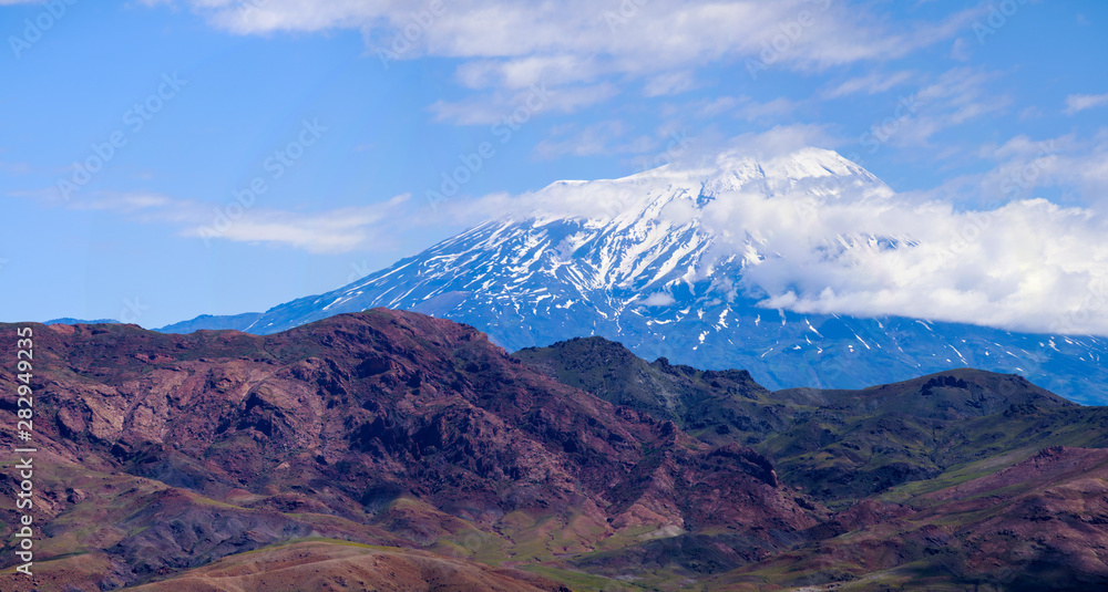 Breathtaking view of Mount Ararat, Agri Dagi, the highest mountain in the extreme east of Turkey accepted in Christianity as the resting place of Noah's Ark, a snow-capped and dormant compound volcano Breathtaking view of Mount Ararat, Agri Dagi, the highest mountain in the extreme east of Turkey accepted in Christianity as the resting place of Noah's Ark, a snow-capped and dormant compound volcano