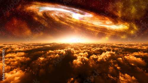 majestic alien planet scenery with fantasy sky and giant galaxy 