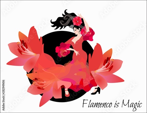 Young spanish girl in red dress, decorated big lily flowers, dances a flamenco. Text "Flamenco is magic".