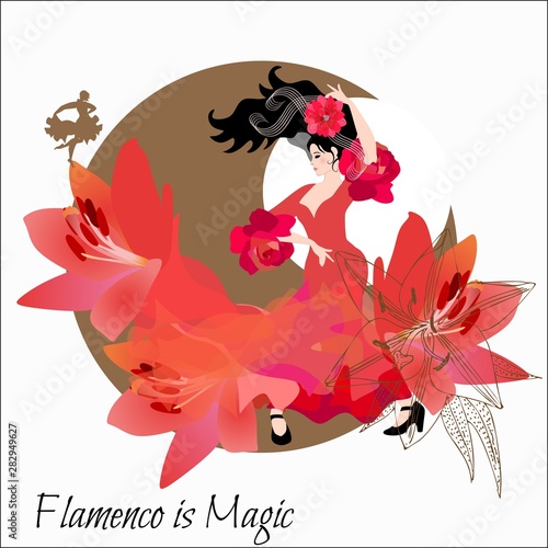 Young spanish girl in red dress, decorated huge lily flowers, dances flamenco against golden moon silhouette on white background. Text "Flamenco is magic".
