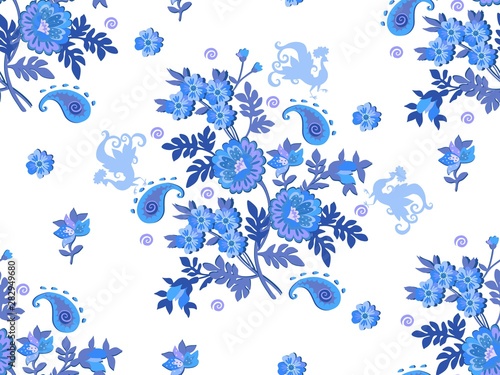 Seamless amazing patterns of flowers and peacocks in Gzhel style. Print for fabric  wallpaper. Ethnic motif.