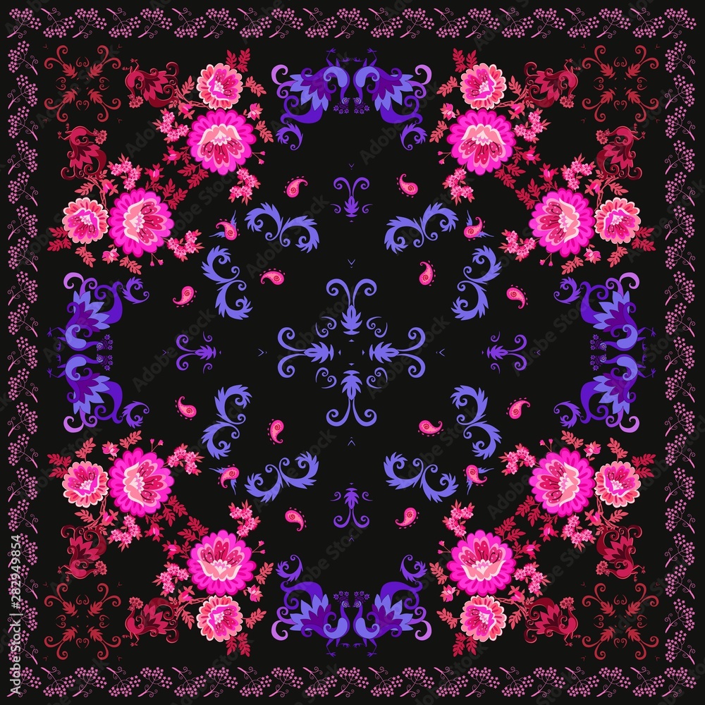 Bandana print with bouquets of flowers, fairy birds, stylized feathers and paisley on black background. Retro style. Bandana print with bouquets of flowers, fairy birds, stylized feathers and paisley on black background. Retro style.