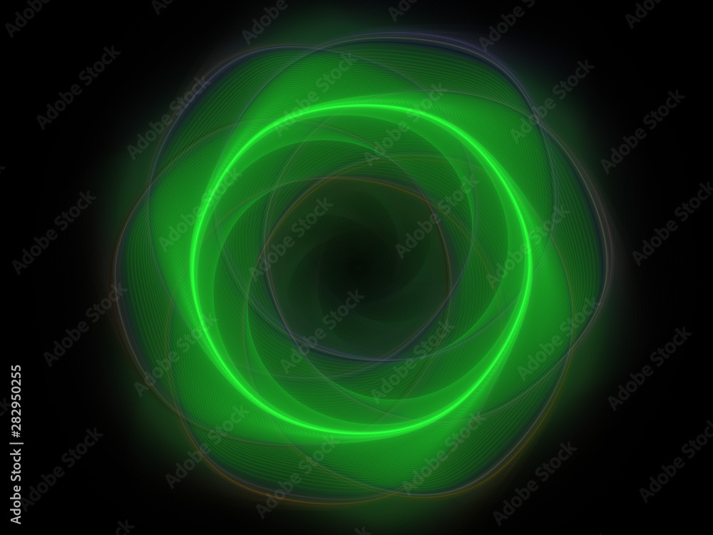 Abstract Illustration - Colorful Bright Green Rings of Energy, Plasma, Chaotic Smoke Discharge, Scientific Plasma Study. Digital Flames, Artistic Design, Circles, Rings