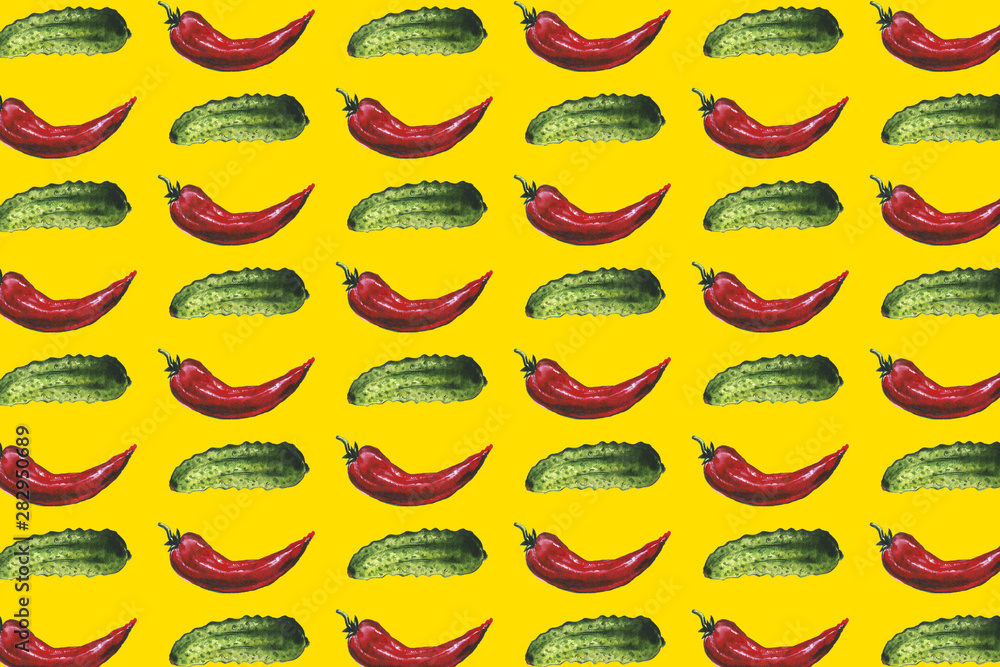 Red hot chili peppers seamless pattern on colored background, hand drawn watercolor. Autumn, harvest, vegetarian, vegetables. Red hot chili peppers seamless pattern on colored background, hand drawn watercolor. Autumn, harvest, vegetarian, vegetables.