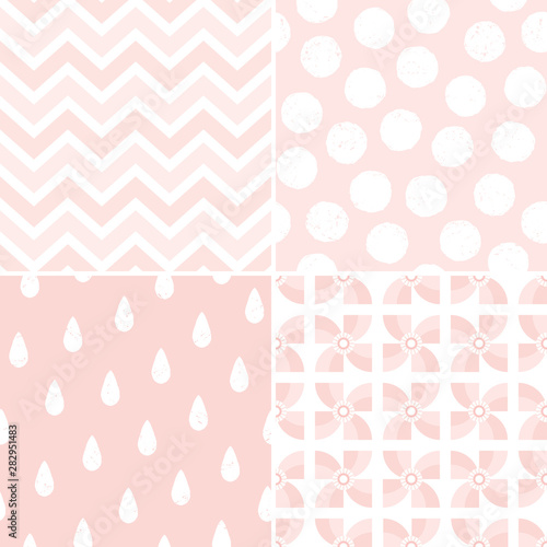Set of seamless pastel backgrounds in living coral, blush pink and white. Pretty patterns for baby, girls, gift wrapping paper, textiles, wallpaper. Raindrops, zigzags, dots with texture overlay.