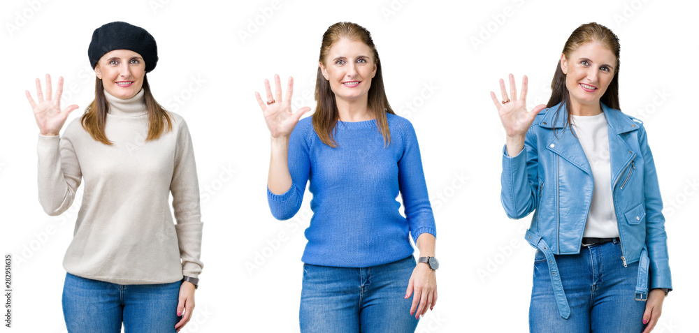 Obraz premium Collage of beautiful middle age woman over isolated background showing and pointing up with fingers number five while smiling confident and happy.