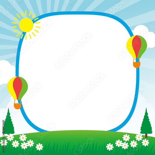 Frame/card design template with spring theme decorated with hot air balloon, flower, bright sky and blue sky background suitable for kids background