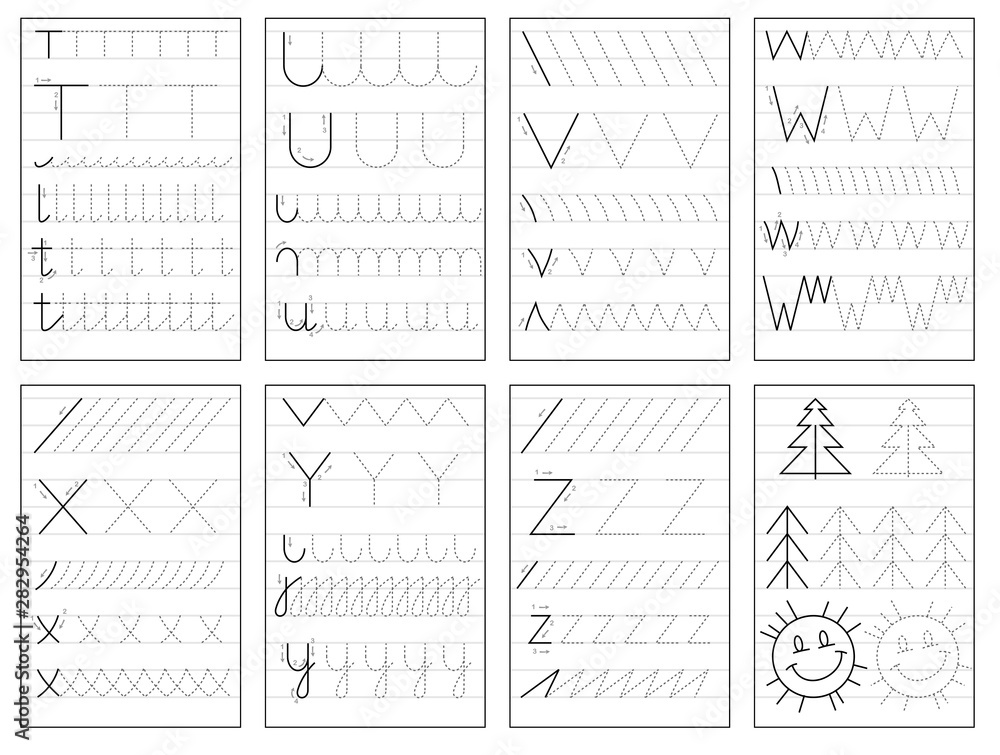 Set of black and white educational pages on square paper for kids.  Printable worksheet for children textbook. Developing skills of counting,  drawing, writing and tracing. Baby book. Back to school. Stock Vector