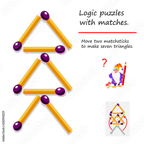 Logical puzzle game with matches. Need to move two matchsticks to make seven triangles. Printable page for brainteaser book. Developing spatial thinking skills. IQ training test. Vector image.