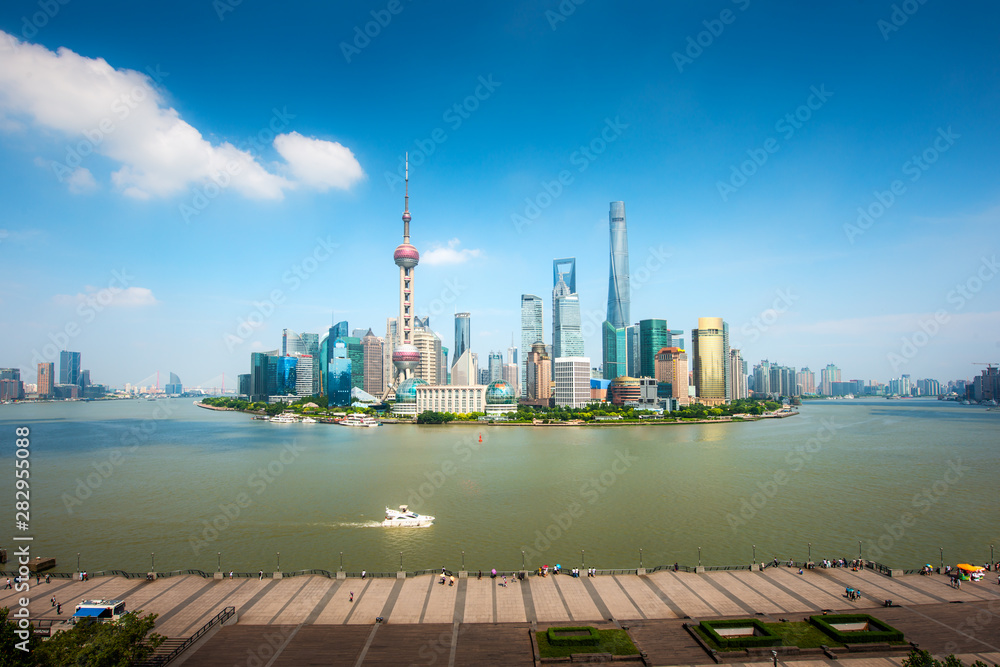 Shanghai lujiazui finance and business district trade zone skyline with cruise ship, Shanghai China Shanghai lujiazui finance and business district trade zone skyline with cruise ship, Shanghai China
