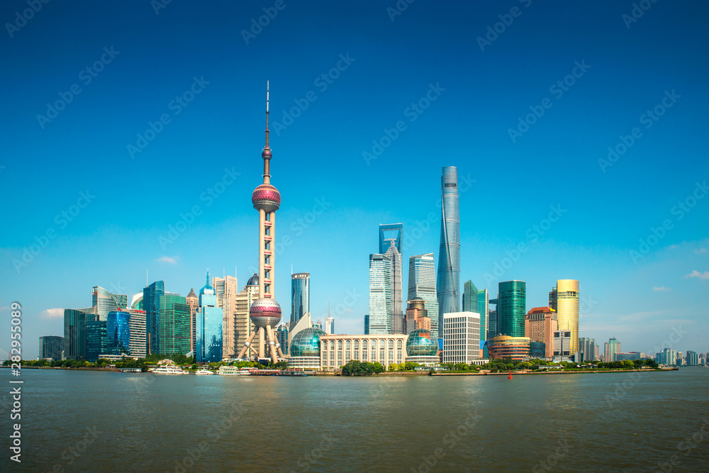 Shanghai lujiazui finance and business district trade zone skyline with cruise ship, Shanghai China