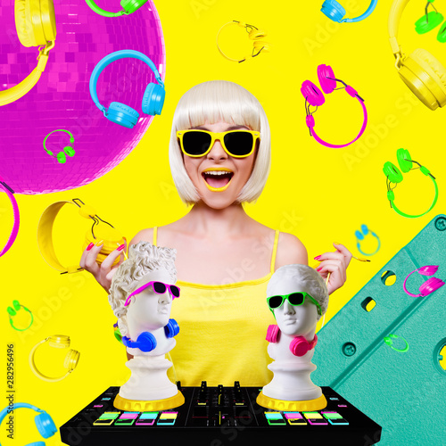 Young sexy woman dj playing music. Headphones and dj mixer on yellow background. Fashion Retro Concept art collage