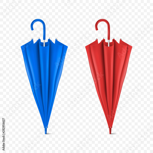 Vector 3d Realistic Render Blue and Red Blank Umbrella Icon Set Closeup Isolated on Transparent Background. Design Template of Closed Parasols for Mock-up, Branding, Advertise etc. Front View
