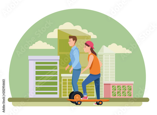 Young couple with skateboard and scooter