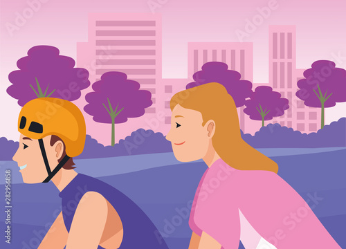 Young people riding bikes cartoon