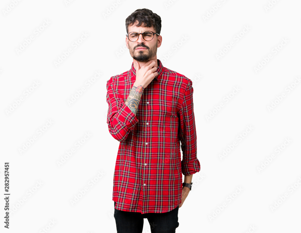 Young handsome man wearing glasses over isolated background Touching painful neck, sore throat for flu, clod and infection Young handsome man wearing glasses over isolated background Touching painful neck, sore throat for flu, clod and infection