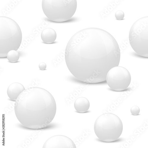 Vector 3D realistic seamless pattern with white marble balls, laying on the surface, isolated on white background.