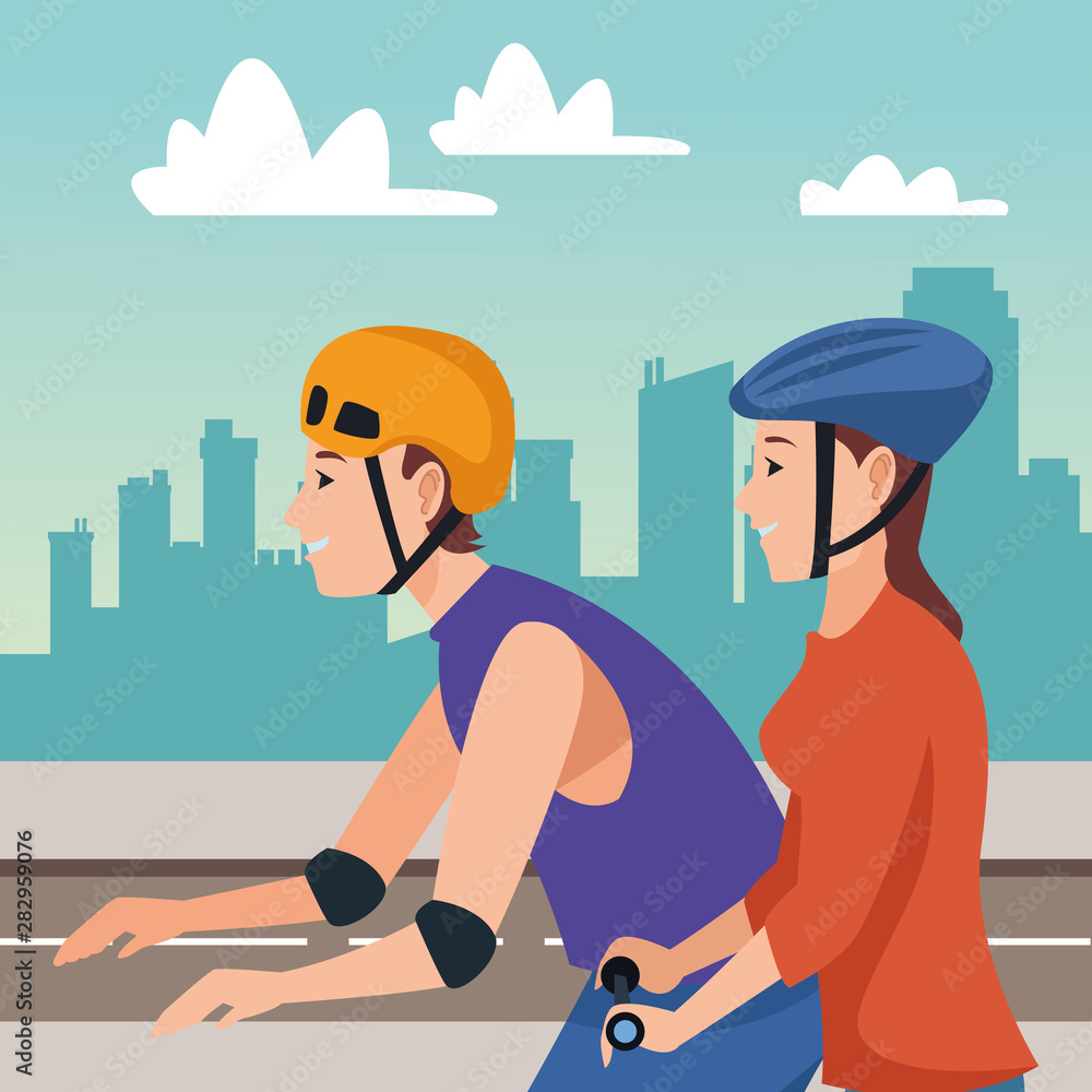 Friends with electric scooter and skateboard Friends with electric scooter and skateboard