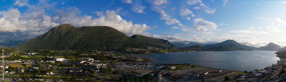 Orsta Norway cityscape. Panoramic aerial view from drone at sunset in july 2019