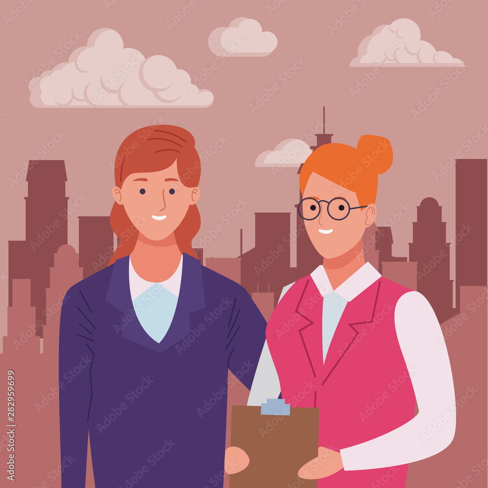 Professionals workers couple smiling cartoons Professionals workers couple smiling cartoons