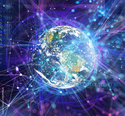 Abstract internet connection network background with motion effects. Earth provided by NASA