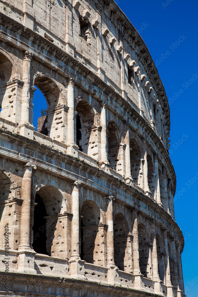Detail of the famous Colosseum or Coliseum also known as the Flavian Amphitheatre in the centre of the city of Rome