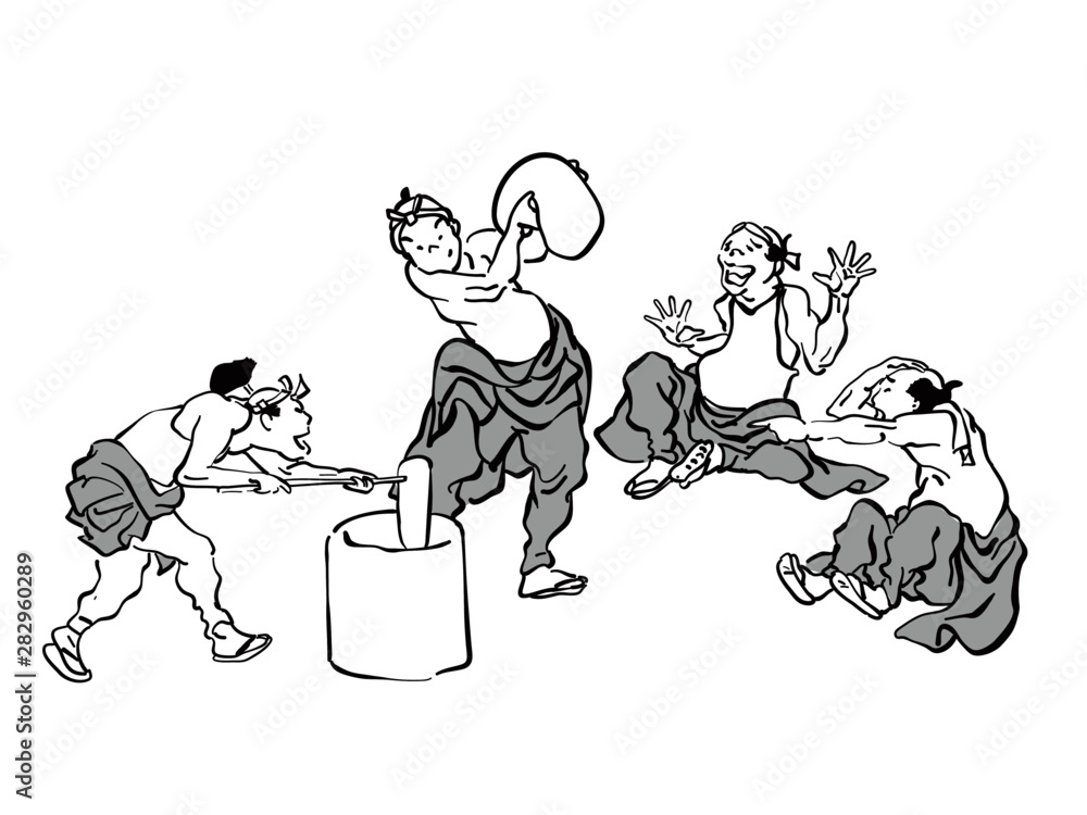 Fototapeta premium 北斎漫画_人々_餅つき