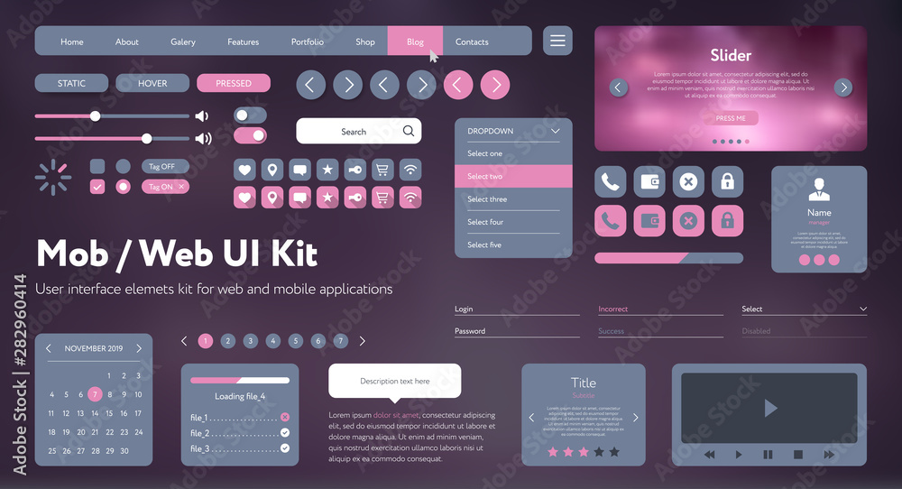 Flat Mobile Web UI Kit. Universal user interface for designing responsive websites, mobile apps. Gradient background. Different UX, GUI screens with buttons, slider, menu template. Modern space style.