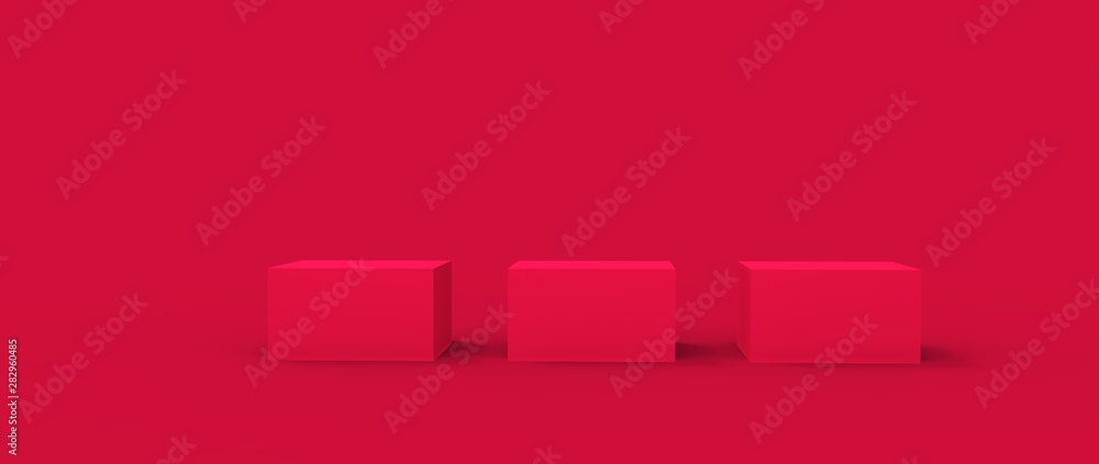 Fototapeta premium Render tridimensional de podio con diferentes niveles para presentación de producto con diferentes materiales coloridos y texturas. Ilustración 3d