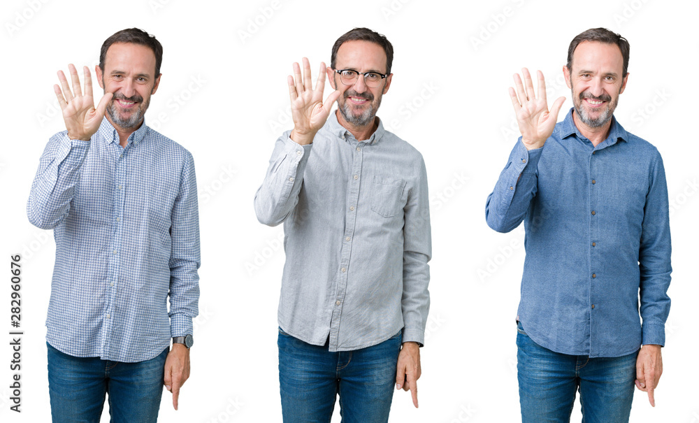 Collage of handsome senior business man over white isolated background showing and pointing up with fingers number five while smiling confident and happy. Collage of handsome senior business man over white isolated background showing and pointing up with fingers number five while smiling confident and happy.