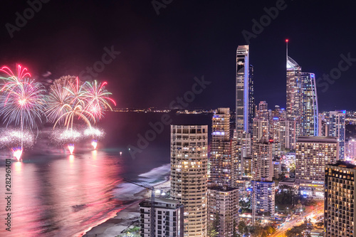 City view of Surfers Paradise with big fireworks, Gold Coast Queensland Australia