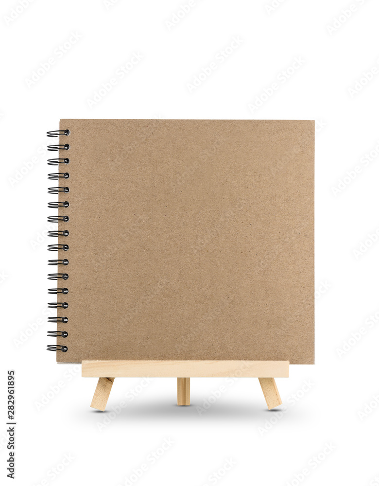 blank notebook on wooden tripod standing isolated on white background