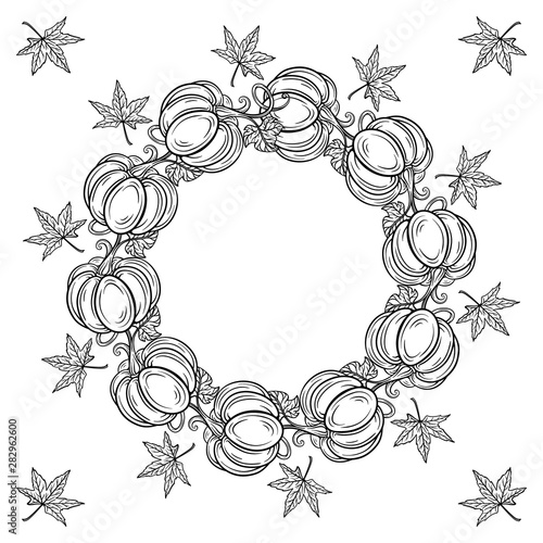 Black and white autumn wreath ornament. Pumpkins and autumn leaves garland. Antistress coloring page.