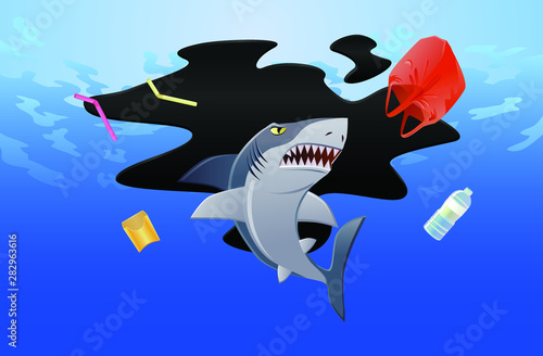 Angry shark surrounded by underwater garbage vector