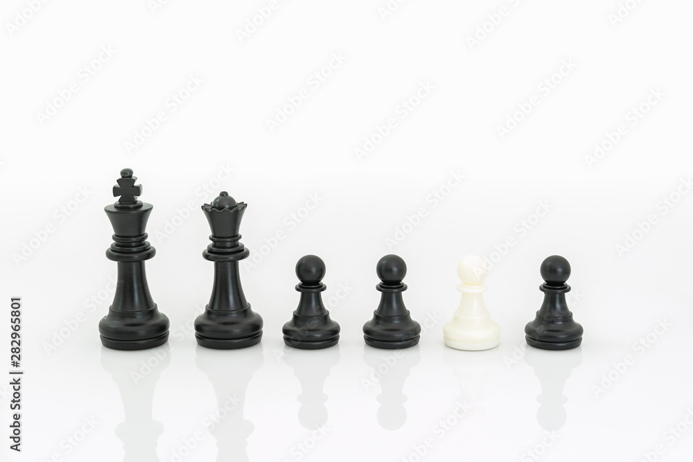 Black and white chess pieces on white background Black and white chess pieces on white background