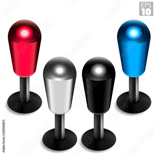 American fighter genre style bat top joysticks for arcade machines in blue, red, black, and anodized aluminum color includes dust washer.