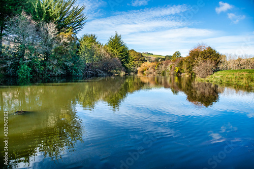Fototapeta Naklejka Na Ścianę i Meble -  Peaceful tree lined   little river in the Wairarapa rural countryside with lovely reflections
