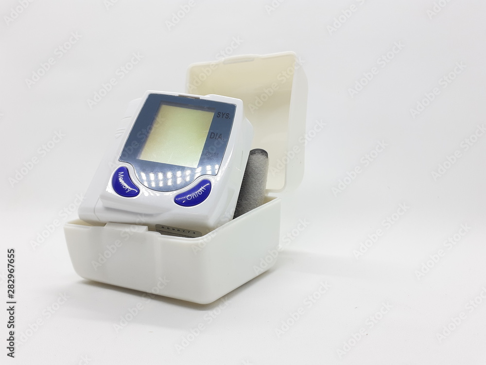 Automatic Healthcare Digital Technology Hand Applied Blood Tension Pressure Measurement Device in White Isolated Background Automatic Healthcare Digital Technology Hand Applied Blood Tension Pressure Measurement Device in White Isolated Background