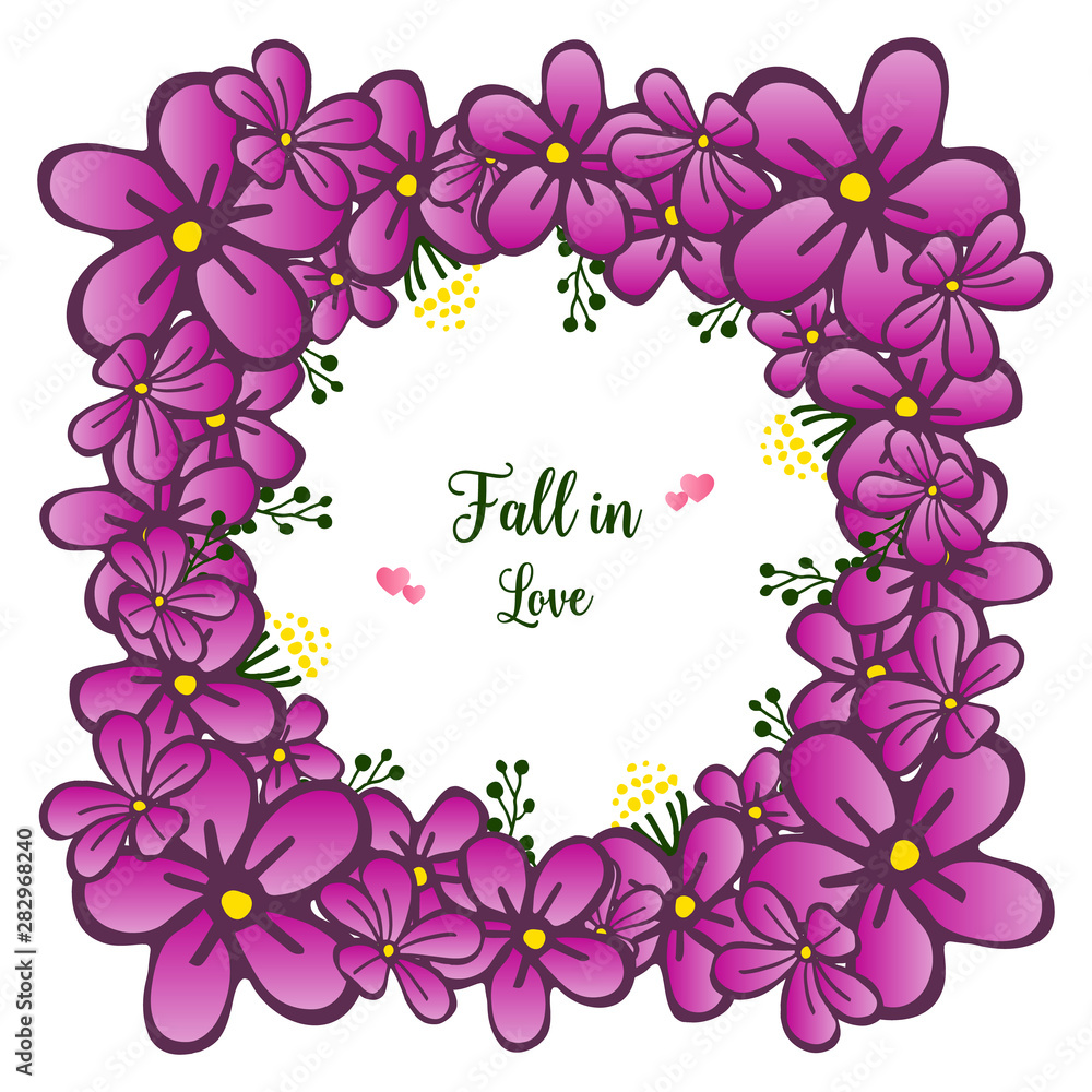Greeting card or banner fall in love, with various crowd of purple flower frame. Vector