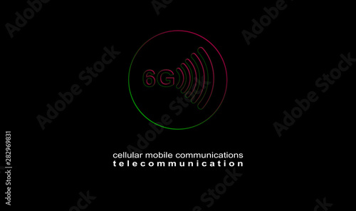 Illustration, poster 6G. New protocols in development. Telecommunications Sixth Generation Network Connectivity. Cellular mobile communications. Strong color contrast design on dark background.