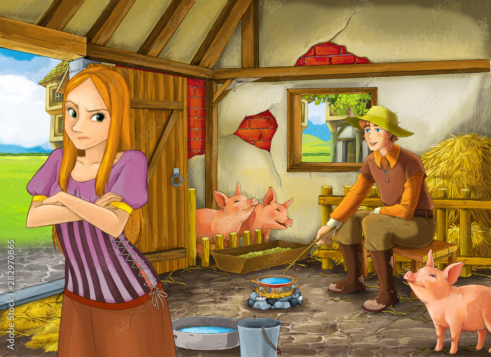 Cartoon scene with beautiful girl and farmer rancher in the barn pigsty illustration for children