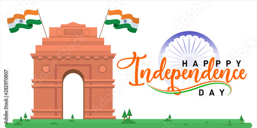 Happy Independence Day of India, Concept, Template, Banner, Logo Design, Icon, Poster, Unit, Label, Web Header, Mnemonic at India Gate, Delhi with Waving indian flags, ashok chakra typography - Vector