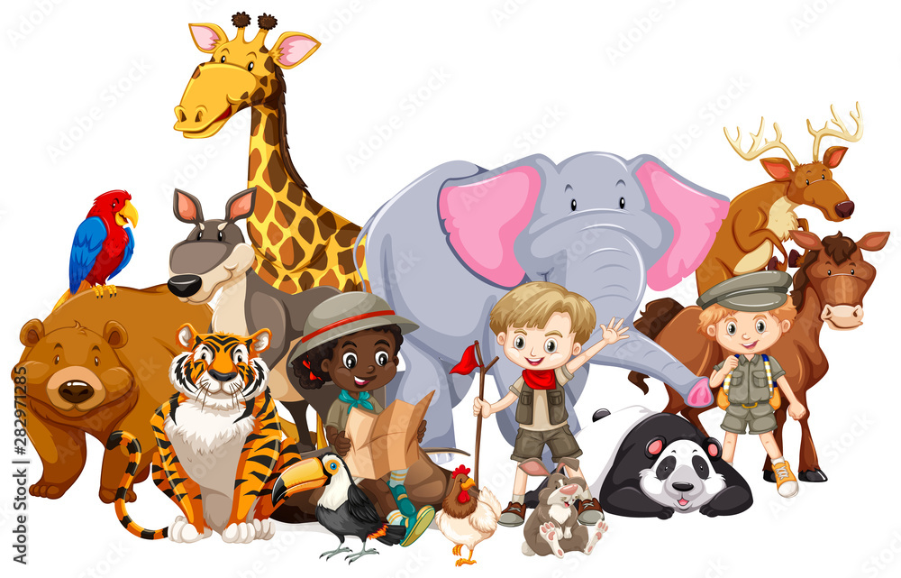 Obraz premium Children with animals on isolated background