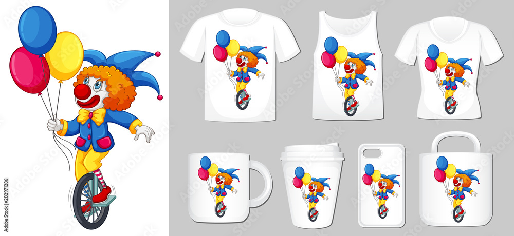 Obraz premium Graphic of clown on different types of product template