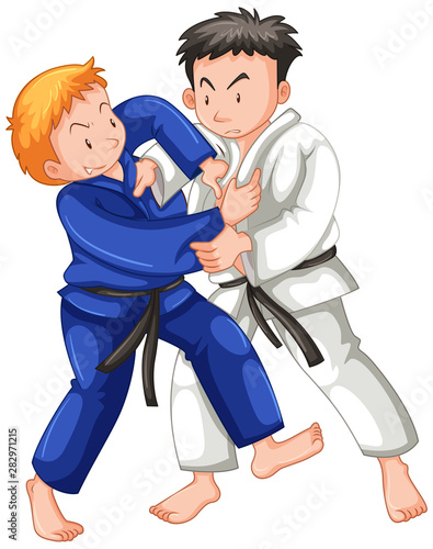 Two boys fighting judo wrestling on sport competition