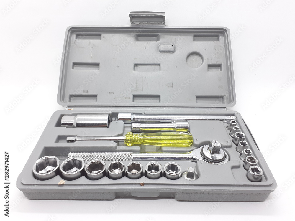 Complete Metallic Small Mechanic Screwdriver Tool Box Set in White Isolated Background Complete Metallic Small Mechanic Screwdriver Tool Box Set in White Isolated Background