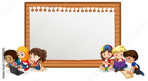 Banner template design with many kids reading book