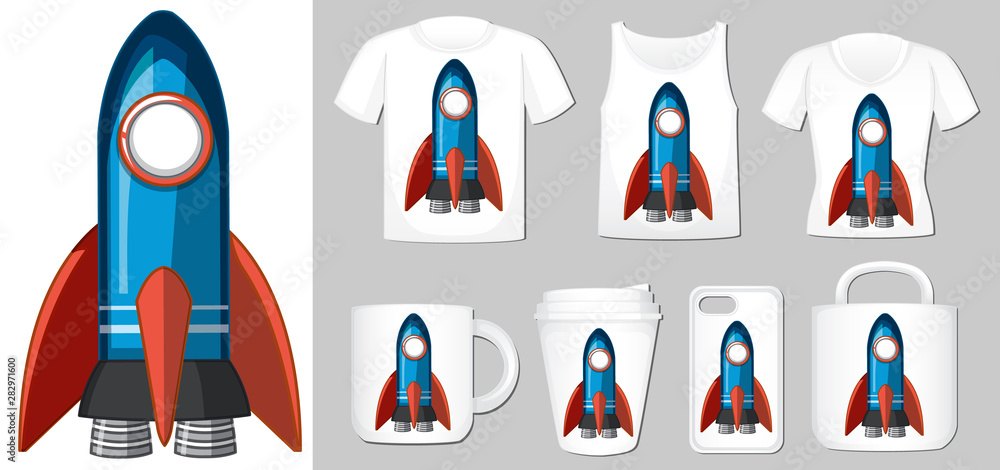 Graphic of blue rocket on different product templates Graphic of blue rocket on different product templates